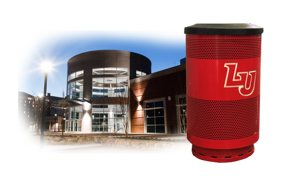 Witt Custom White Liberty University Red Custom Trash Cans with Dome Top and Stadium Behind Shadowed