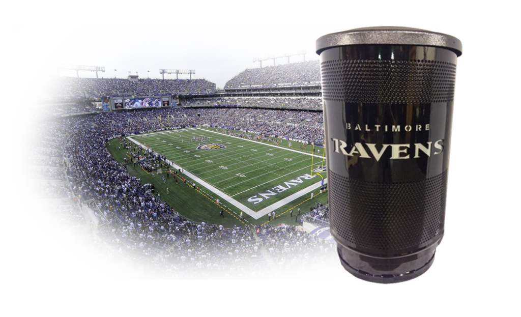 Witt Custom White Ravens Black Stadium Trash Cans with Flat Top and Stadium Behind Transparent