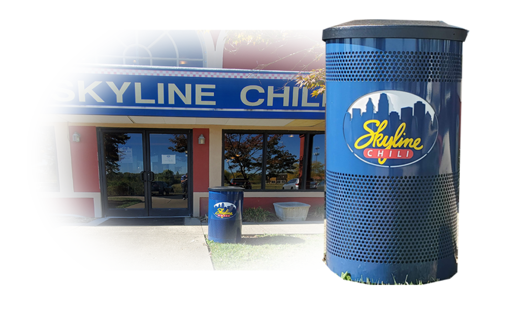 Witt Custom Custom Trash Receptacles Yellow, Red, and White Skyline Blue with Flat Top and Restaurant Behind Shadowed