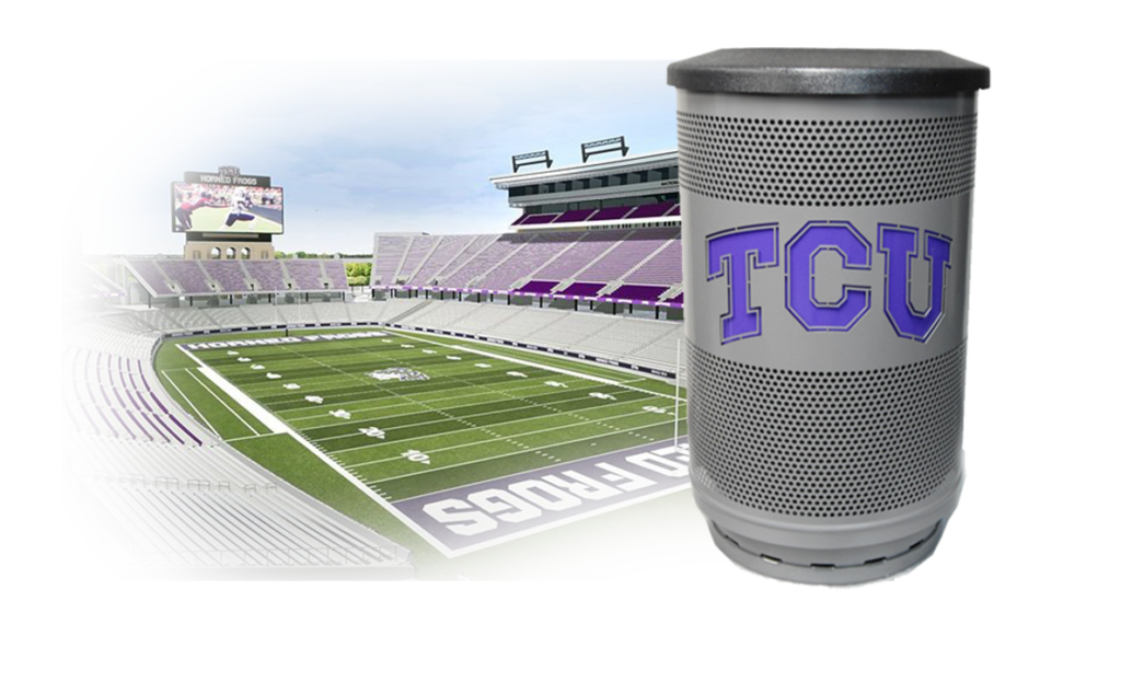 Witt Custom Purple TCU Silver Arena Trash Cans with Flat Top and Stadium Behind Transparent